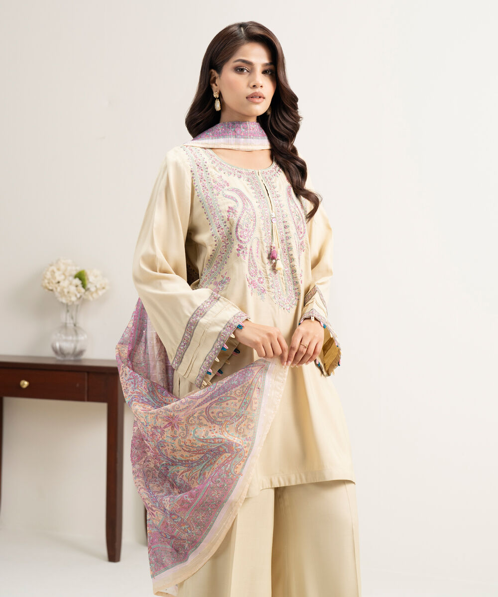 Women's RTW Viscose Raw Silk Embroidered Beige 3 Piece Suit