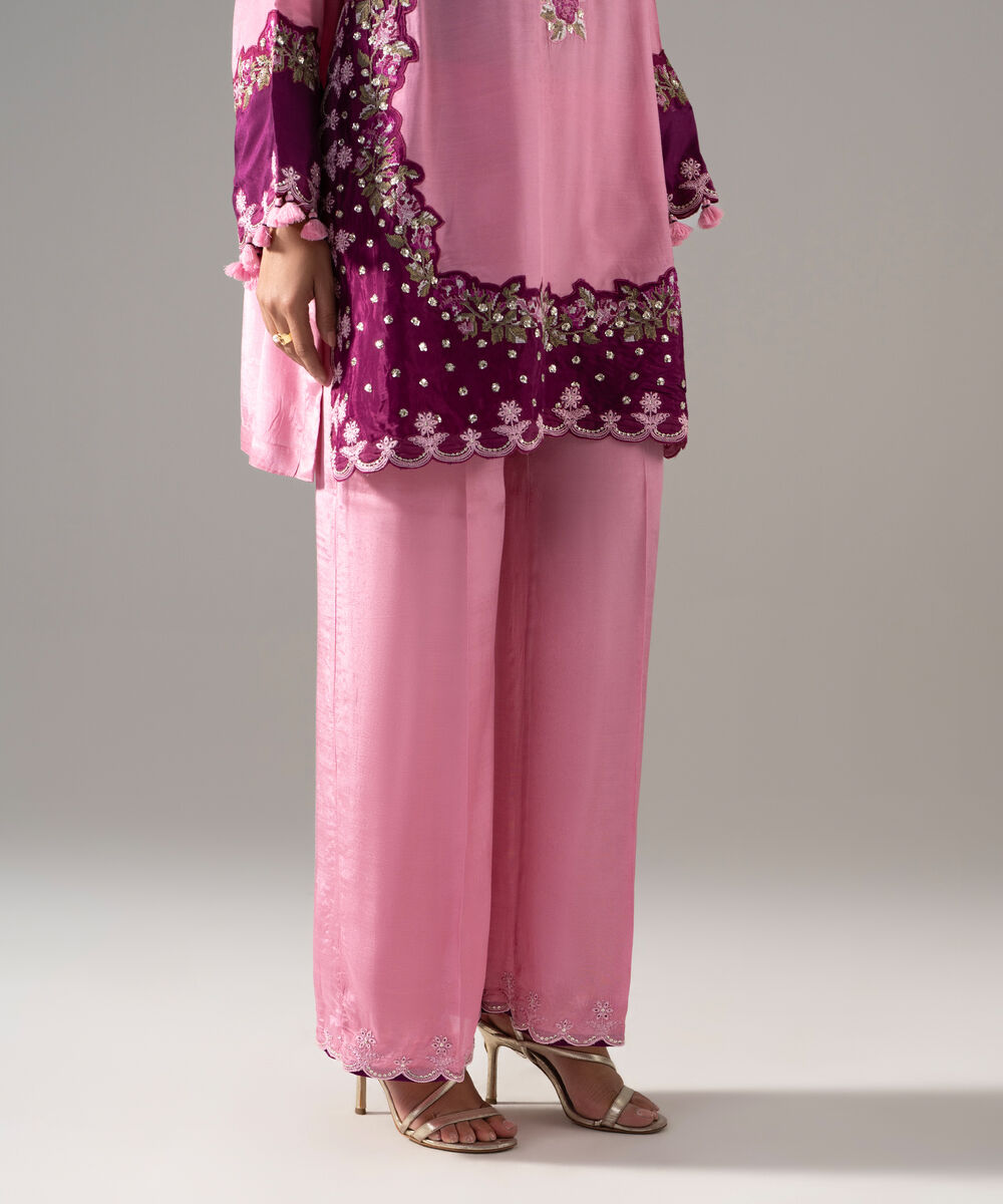 Women's RTW Thai Silk Solid Embroidered Pink 2 Piece Suit