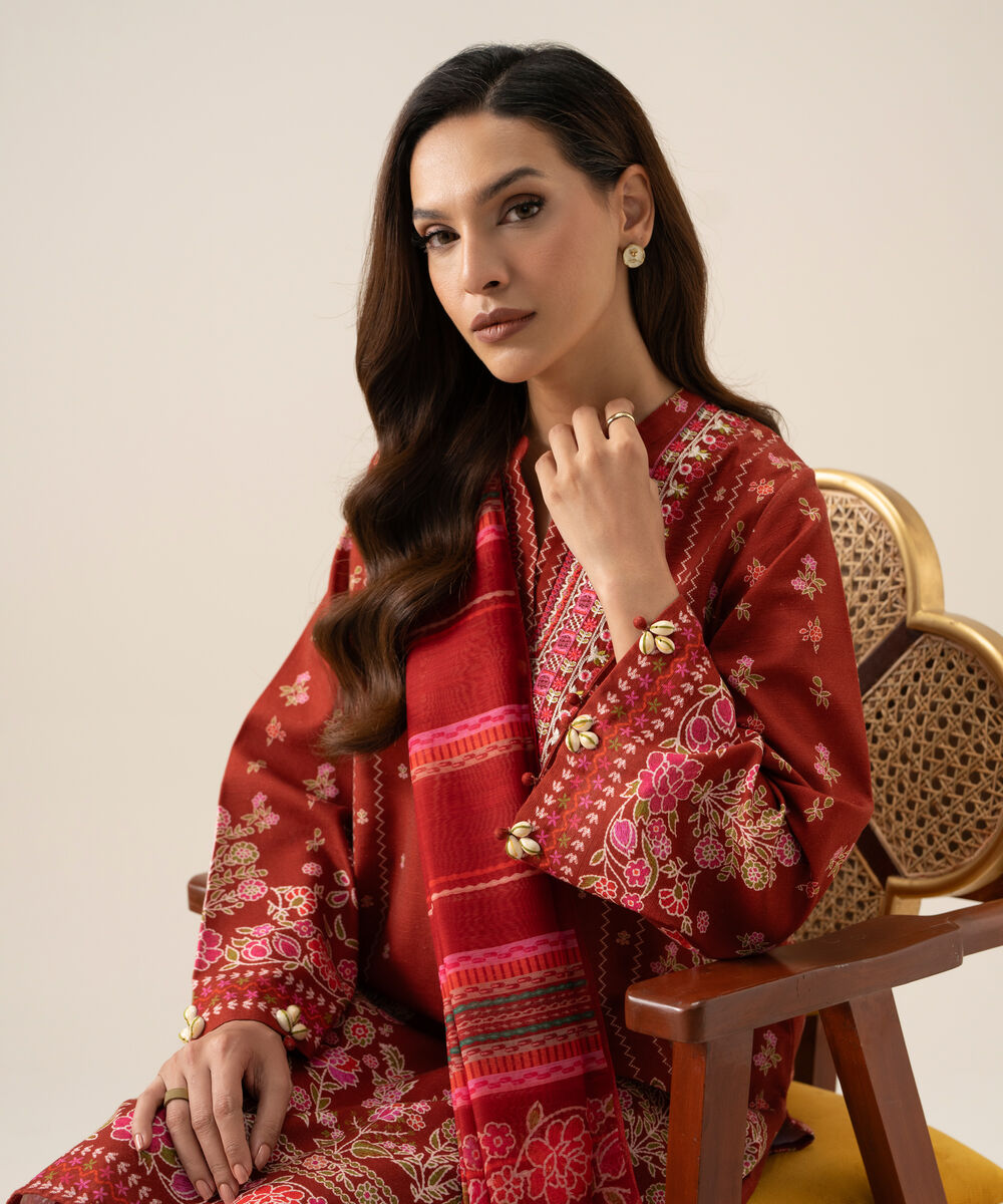 Women's Unstitched Light Khaddar Printed Red 3 Piece Suit
