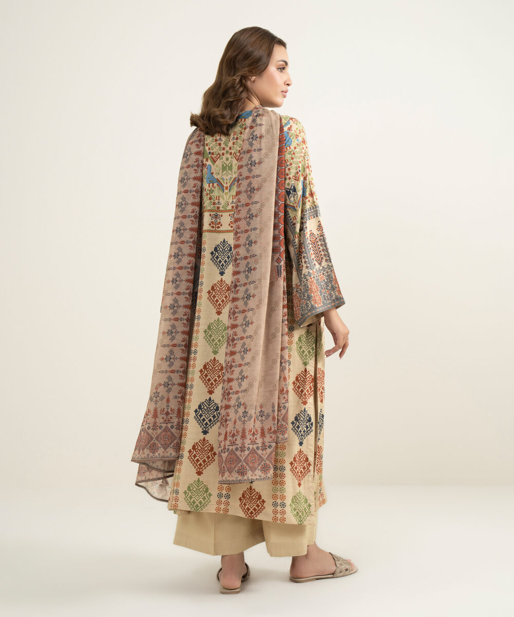 Women's RTW Viscose Raw Silk Printed Beige 3 Piece Suit