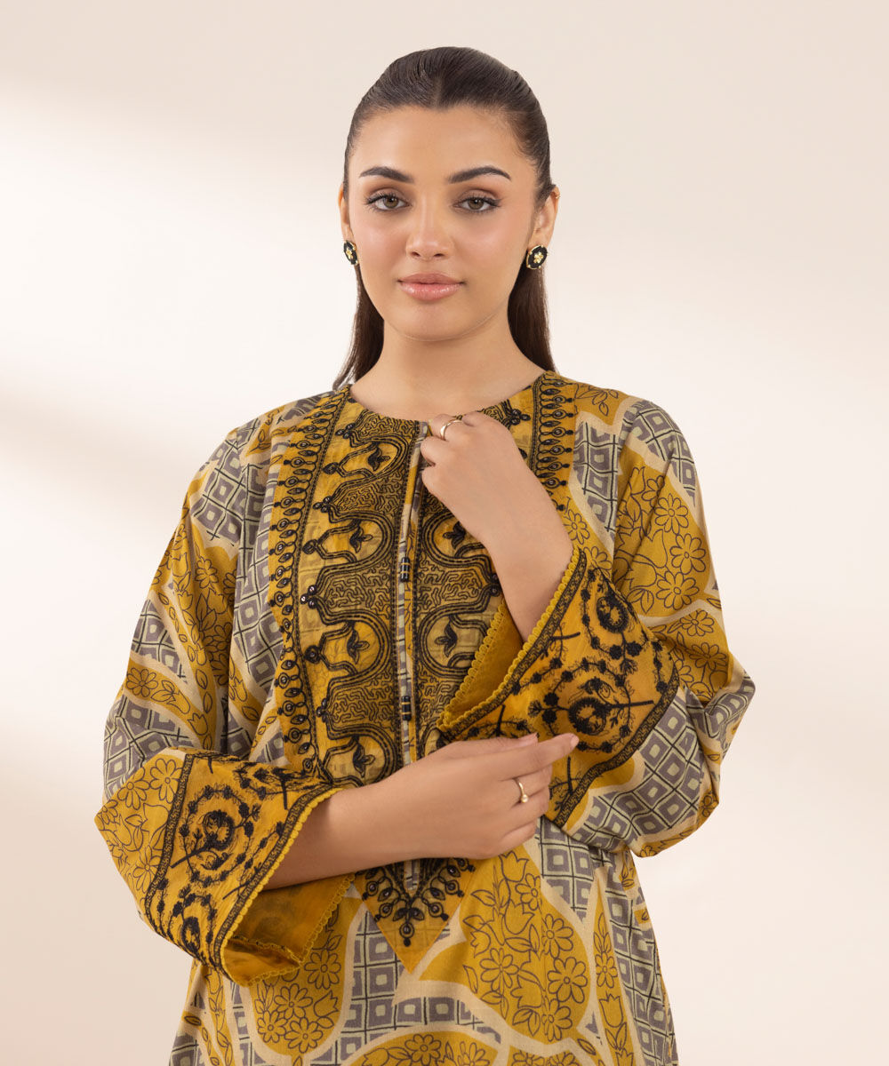 Women's RTW Textured Lawn Multi Embroidered A-Line Shirt