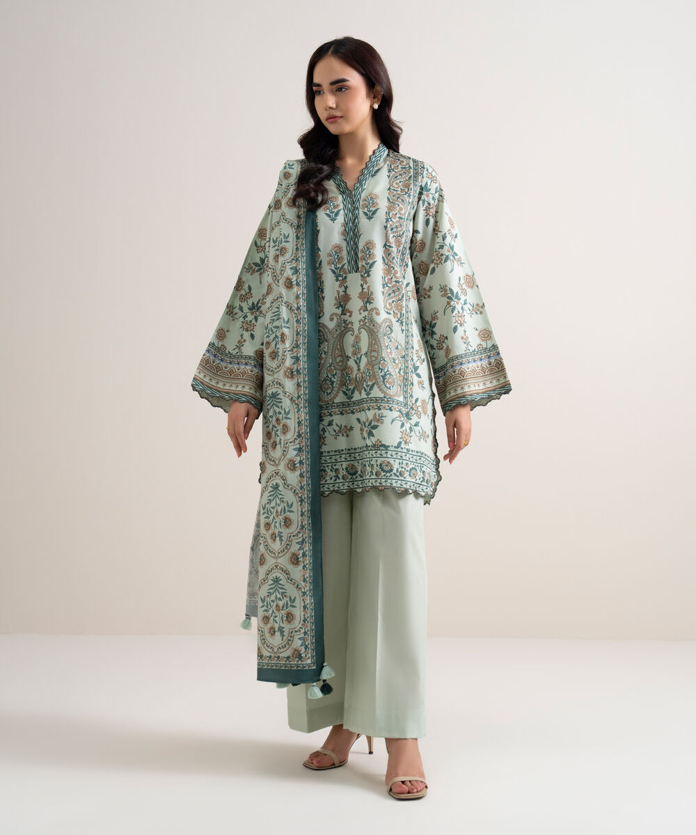 Women's Unstitched Lawn Printed Green 3 Piece Suit