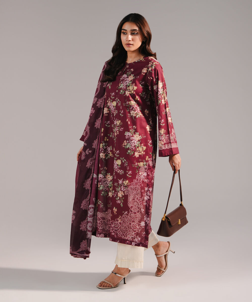 Women's RTW Cotton Viscose Printed Plum 2 Piece Suit