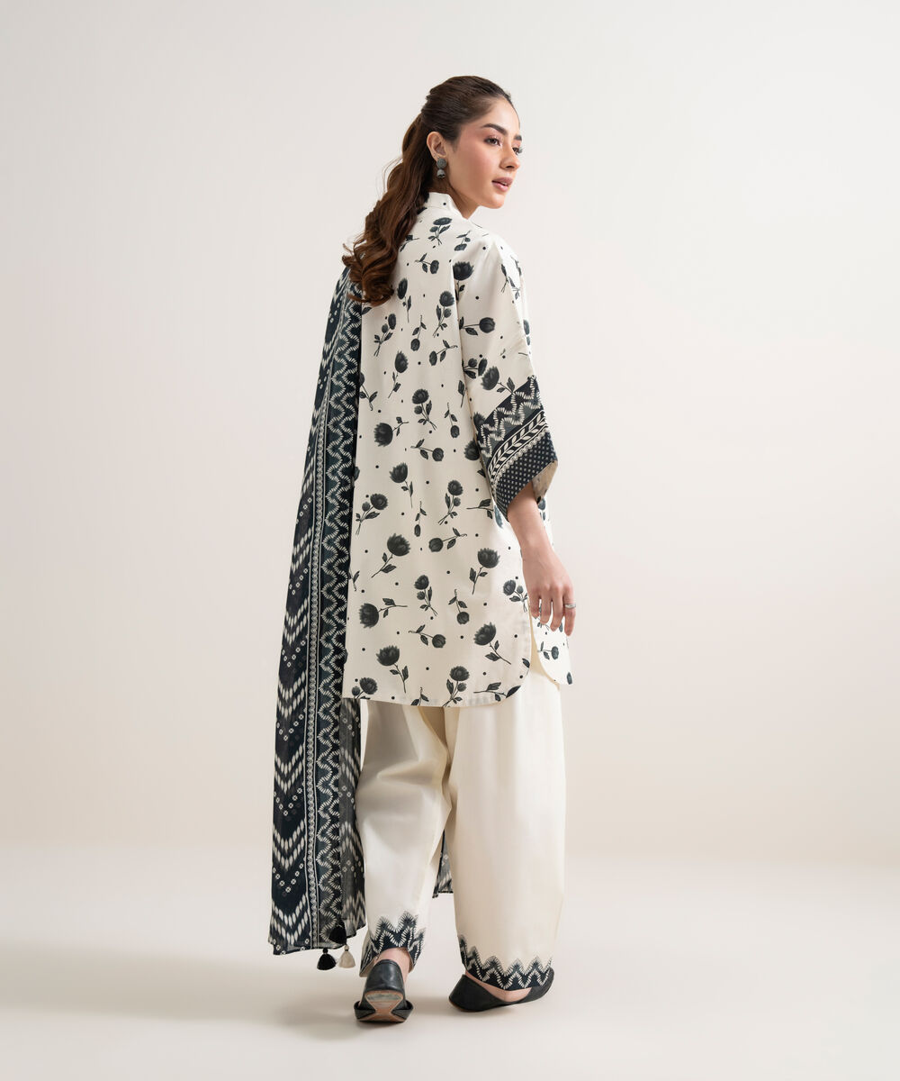 Women's Unstitched Lawn Printed Black and Off White 2 Piece Suit