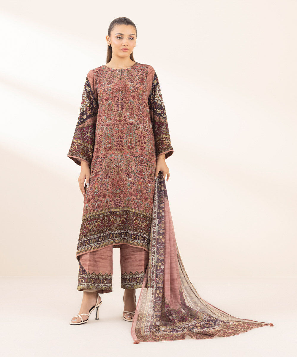 Women's Pret Blended Tissue Brown Printed 3 Piece Suit