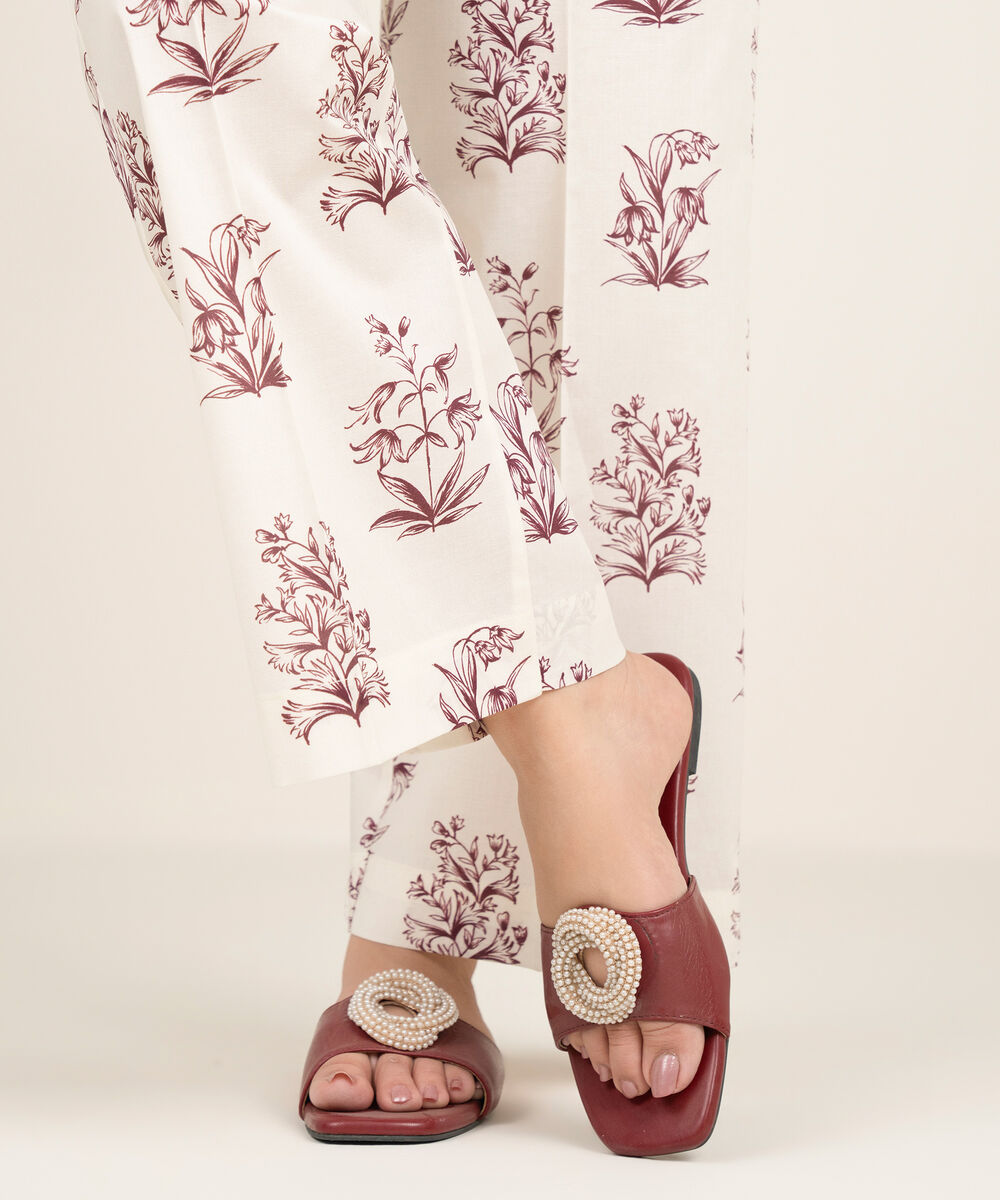 Women's RTW Cambric Printed Off White Straight Pants