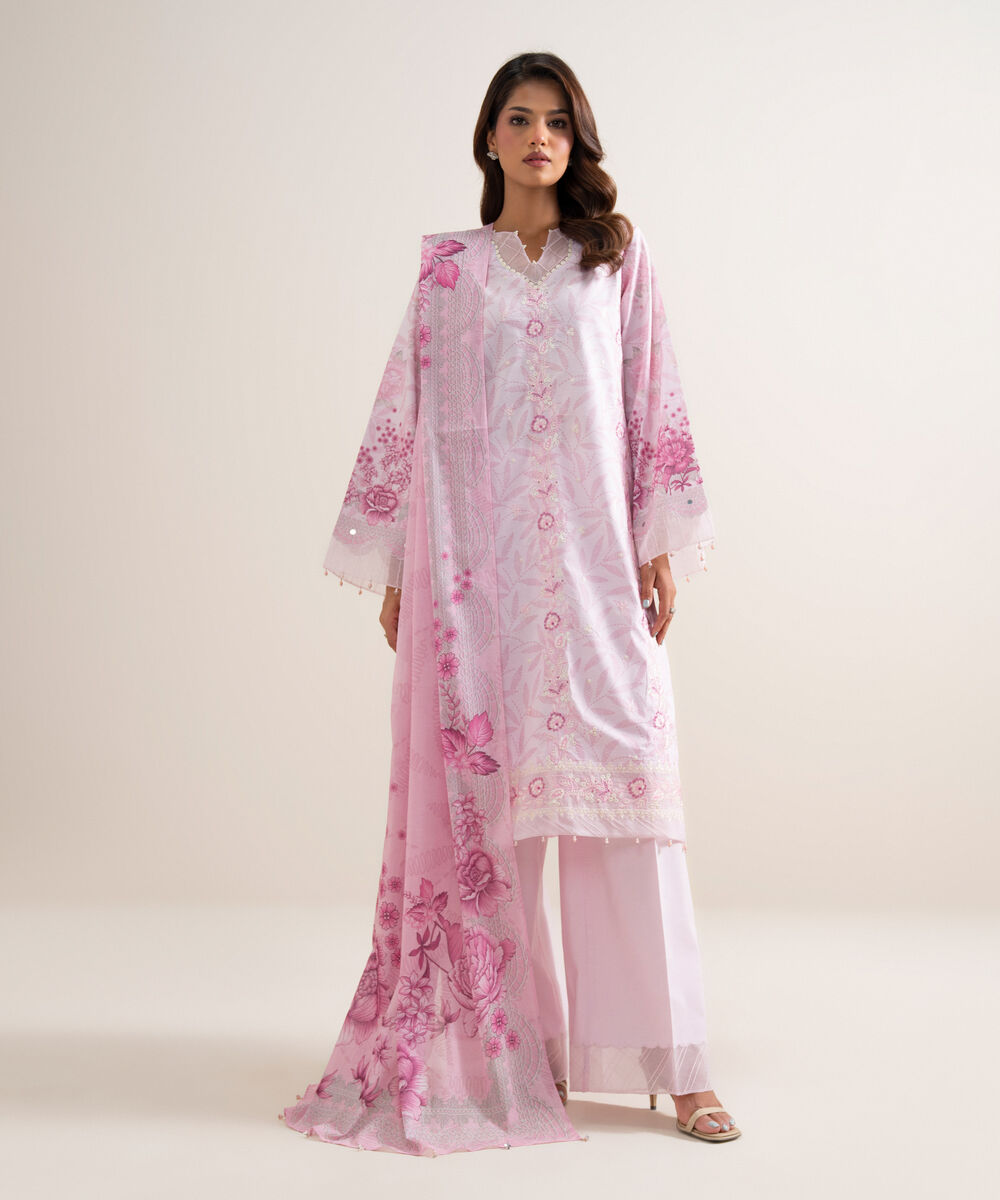 Women's Unstitched Lawn Embroidered Pink 3 Piece Suit
