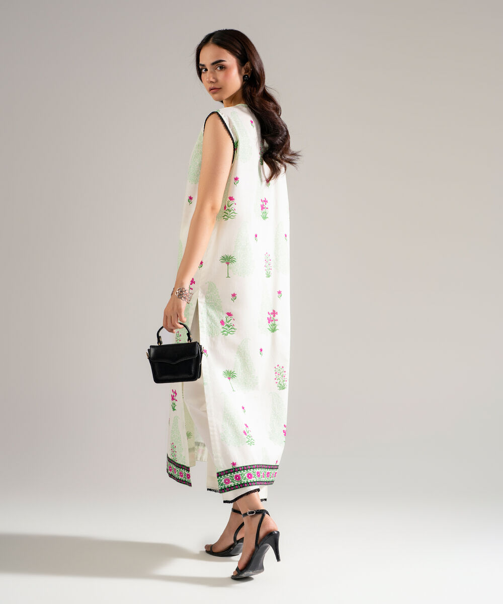Women's RTW Slub Lawn Printed Off White Straight Shirt