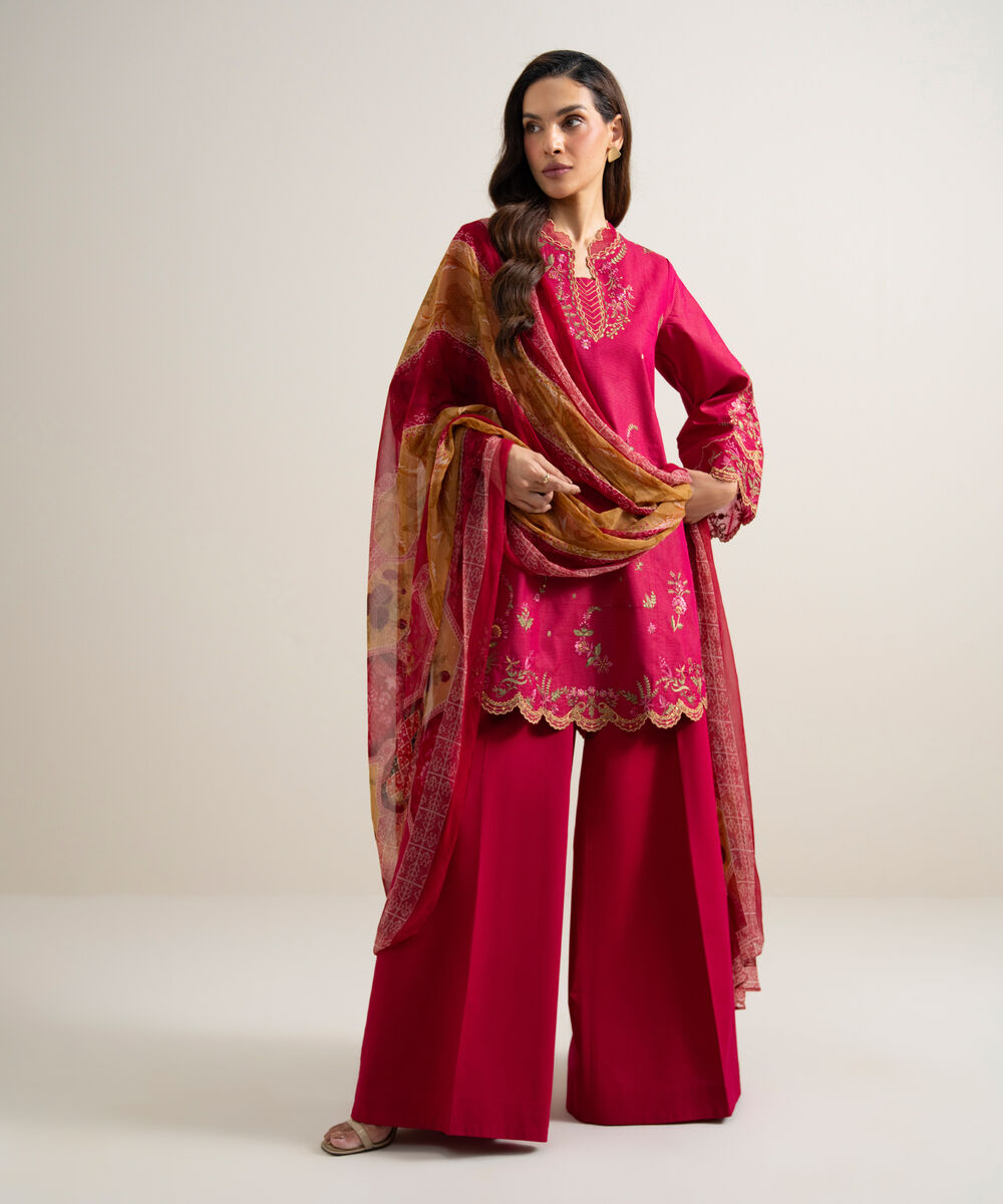 Women's Unstitched Zari Lawn Embroidered Red 3 Piece Suit