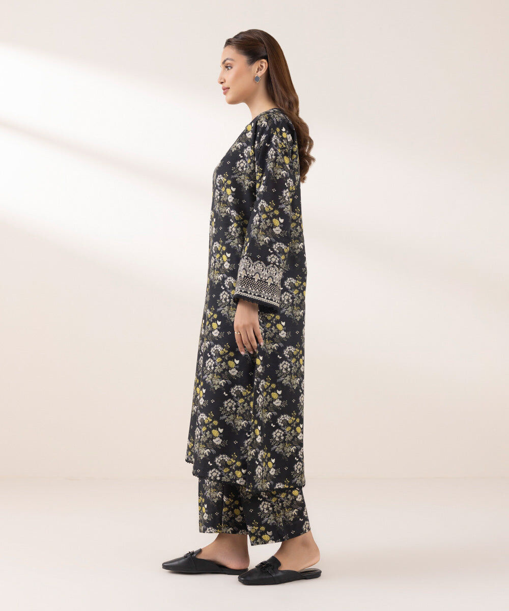 Woman - Black Printed Khaddar Shirt