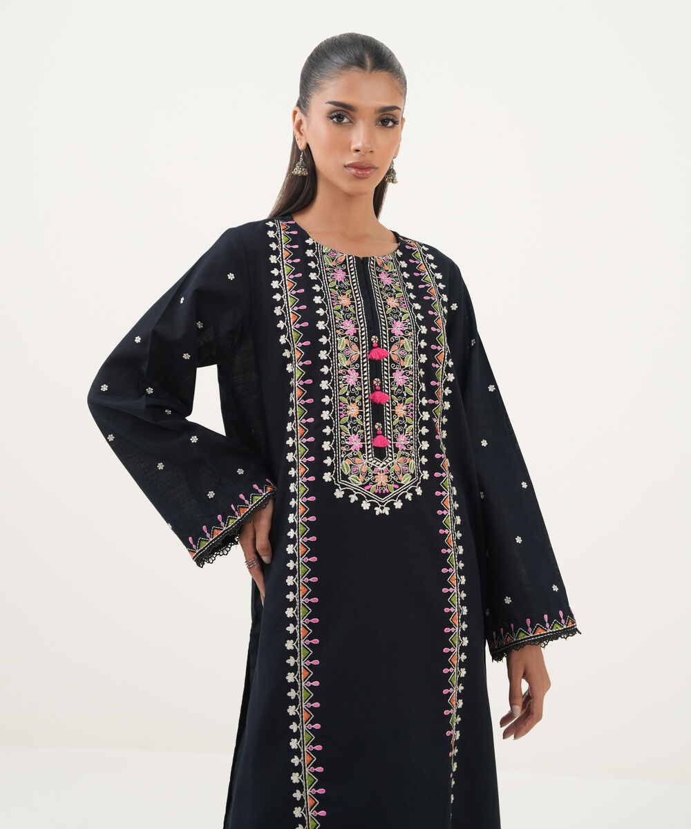 Women's RTW Light Khaddar Embroidered A-Line Black Shirt