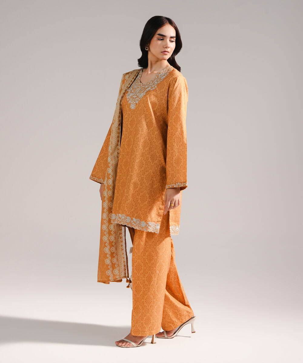 Women's RTW Lawn Embroidered Orange 3 Piece Suit