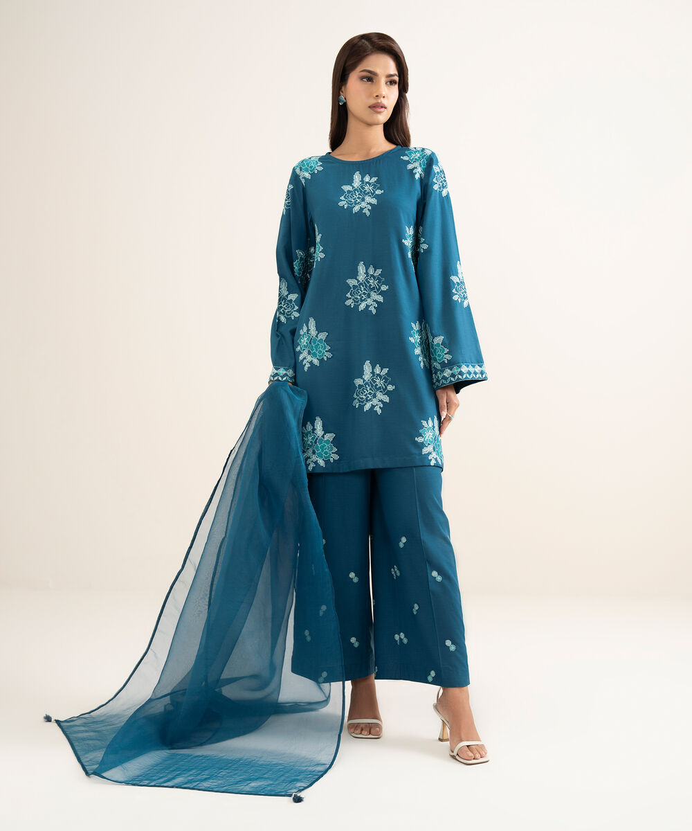 Women's RTW Cotton Viscose Embroidered Blue Straight Shirt