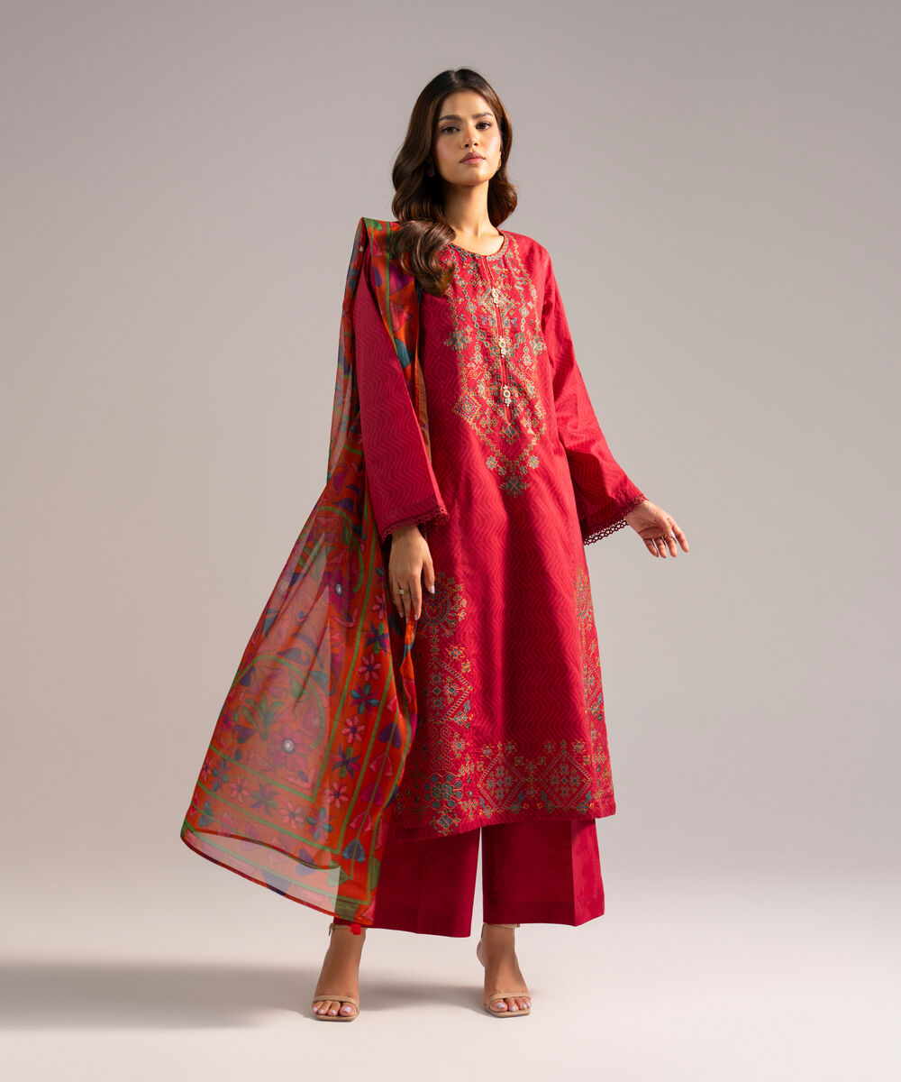 Women's RTW Self Jacquard Embroidered Dark Pink 3 Piece Suit