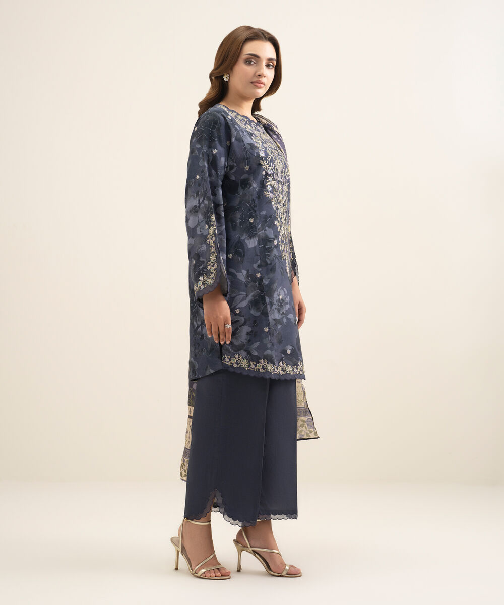 Women's Unstitched Textured Cotton Viscose Embroidered Dark Blue 3 Piece Suit