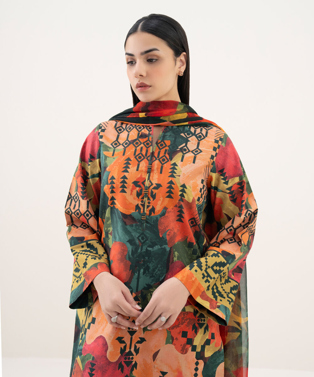 Women's Unstitched Cotton Printed Multi 2 Piece Suit