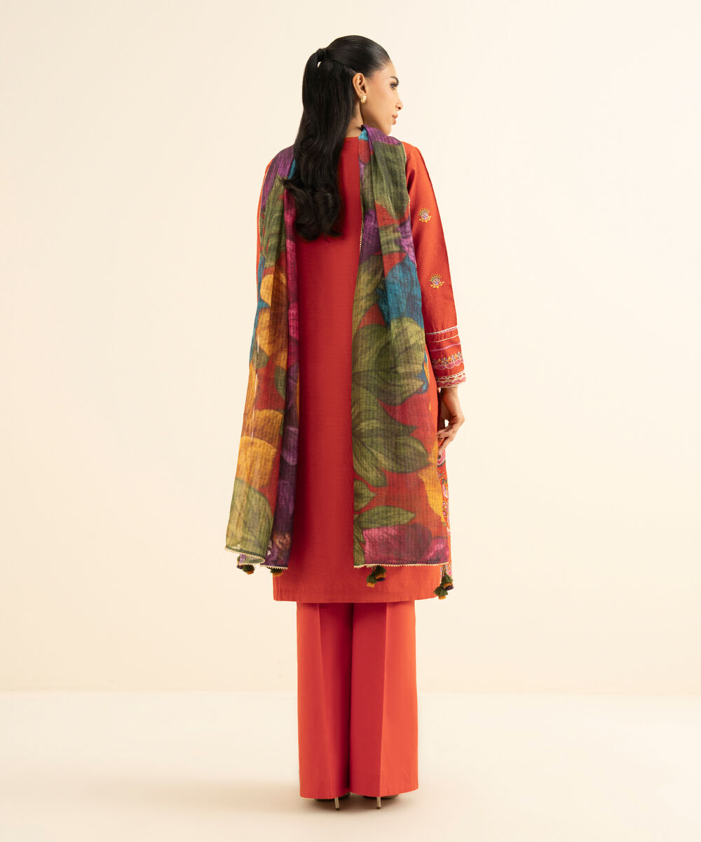 Women's Unstitched Dobby Embroidered Orange 3 Piece Suit