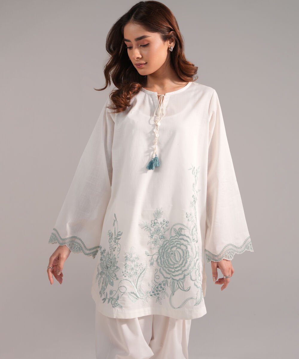 Women's RTW Crosshatch Embroidered Off White Straight Shirt