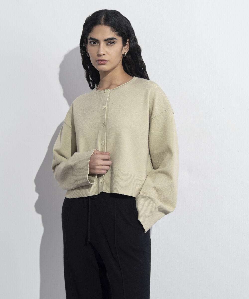 Women's Western Wear Beige Cropped Knit Cardigan