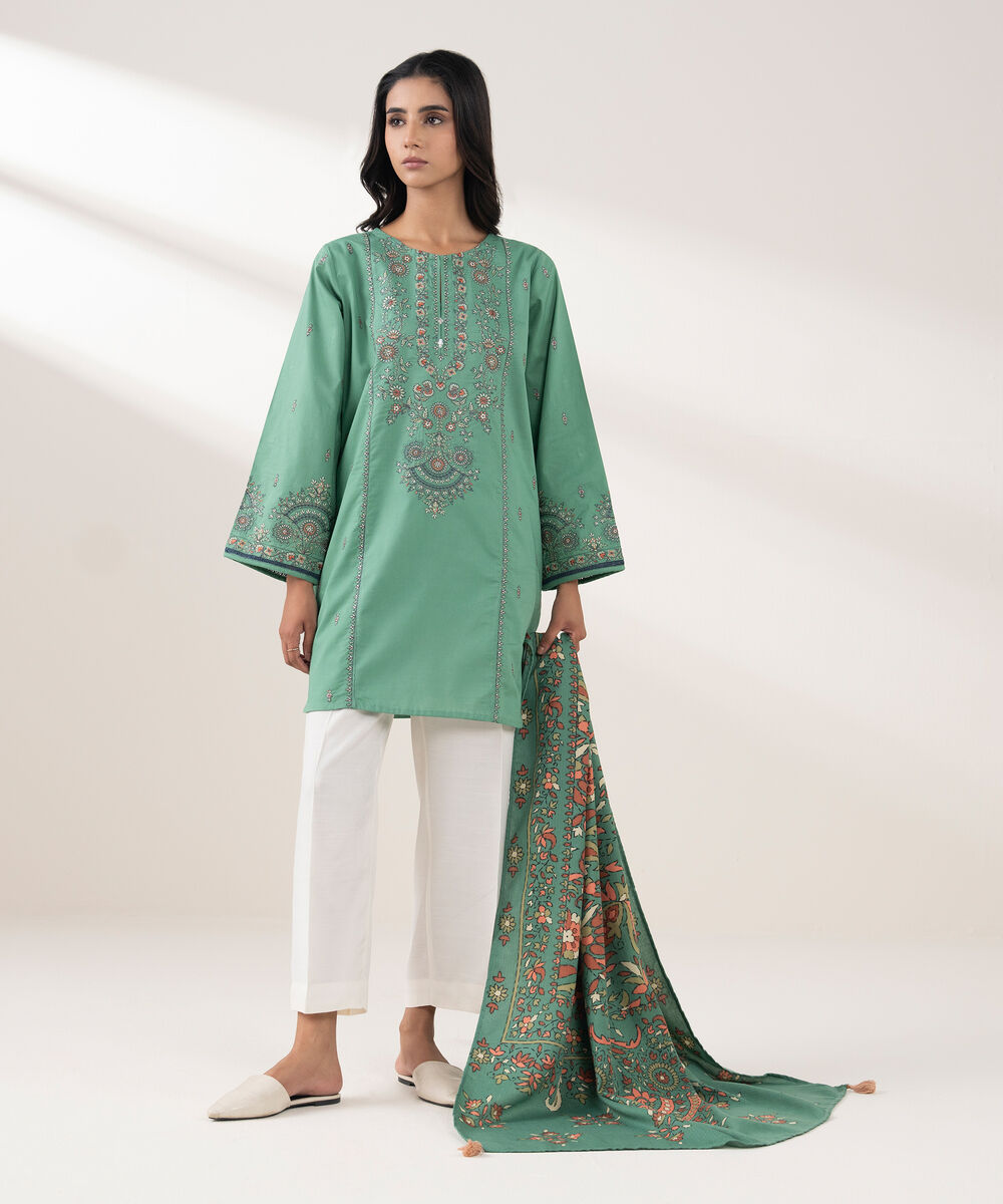 Women's RTW Cotton Embroidered Green 2 Piece Suit