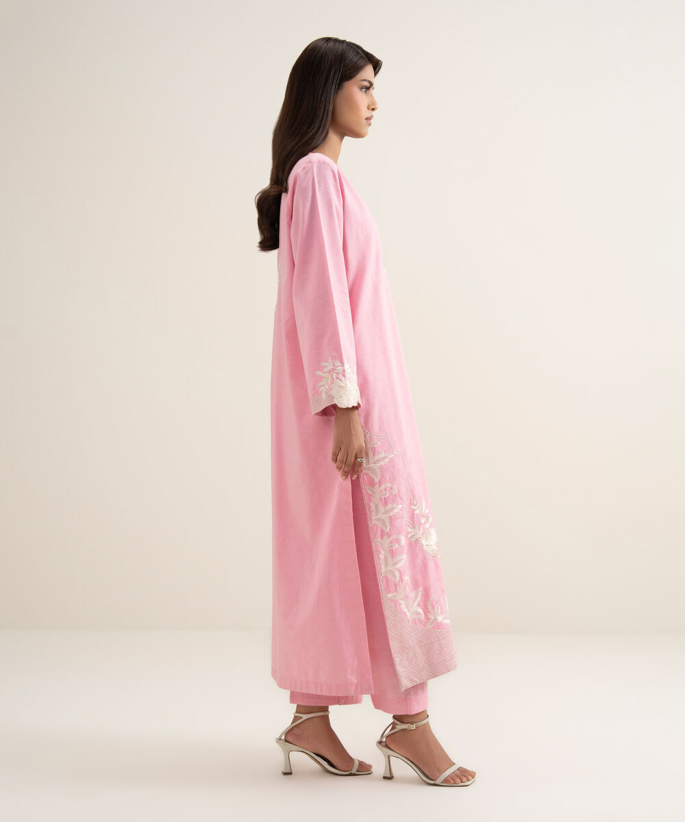 Women's RTW Self Jacquard Embroidered Pink A-Line Shirt