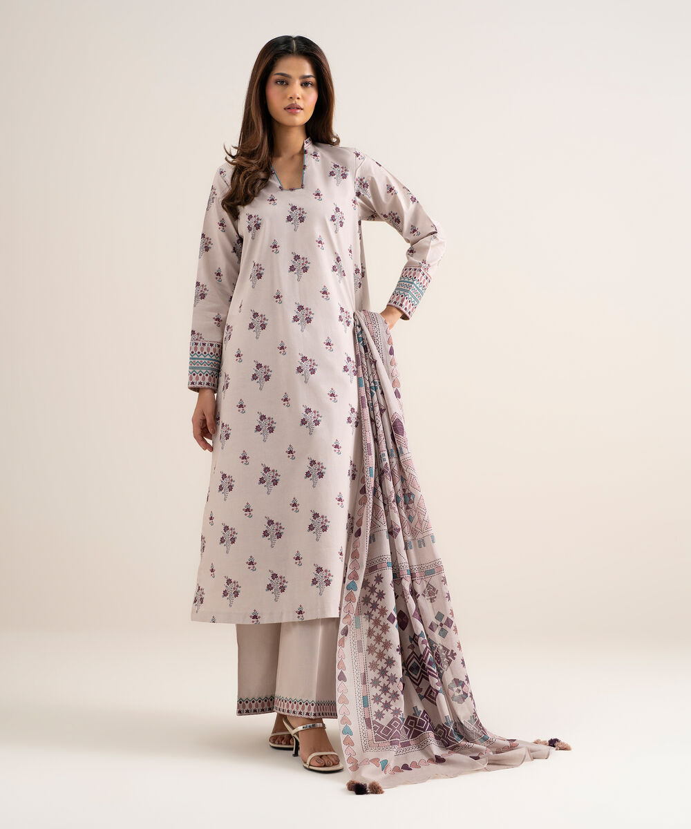Women's Unstitched Lawn Printed Light Grey 3 Piece Suit