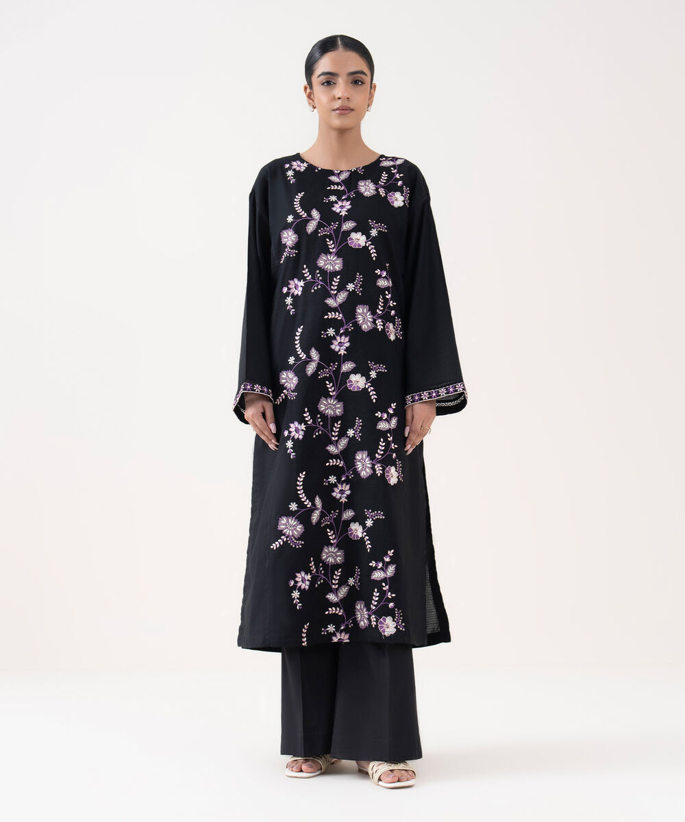 Women's RTW Textured Lawn Black Embroidered A-Line Shirt