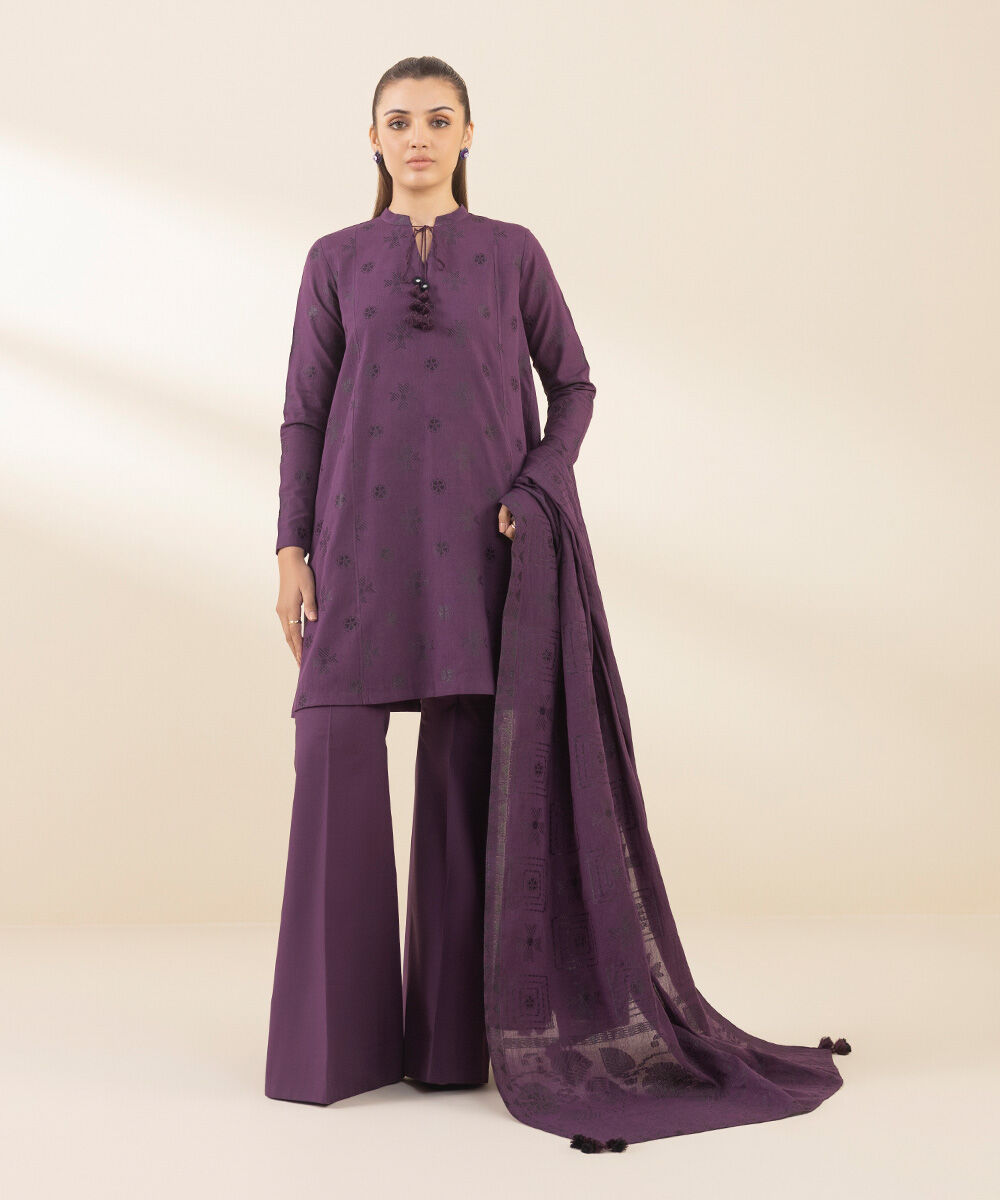 Unstitched Women's Printed Extra Weft Jacquard Purple Three Piece Suit