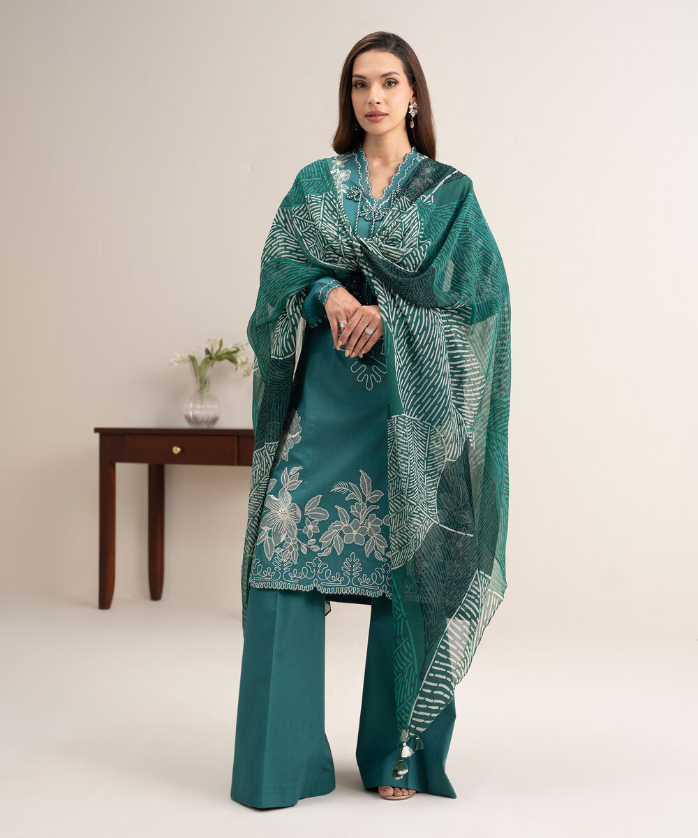 Women's Unstitched Textured Lawn Embroidered Green 3 Piece Suit