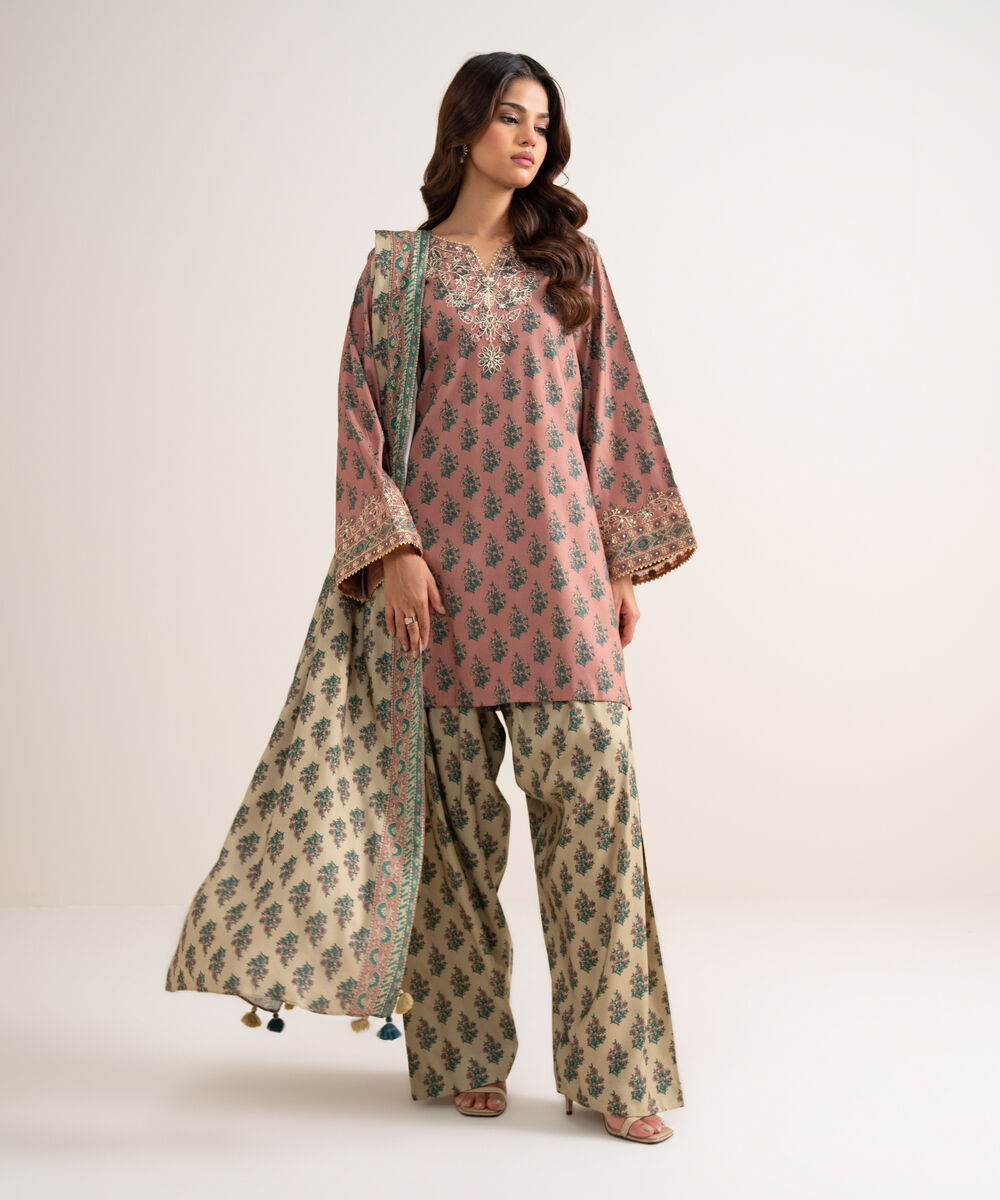 Women's Unstitched Embroidered Linen Tea Pink 3 Piece Suit