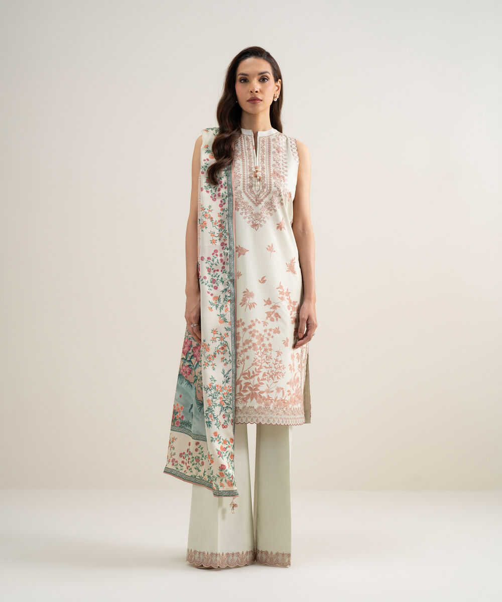 Women's Unstitched Lawn Embroidered Off White 3 Piece Suit