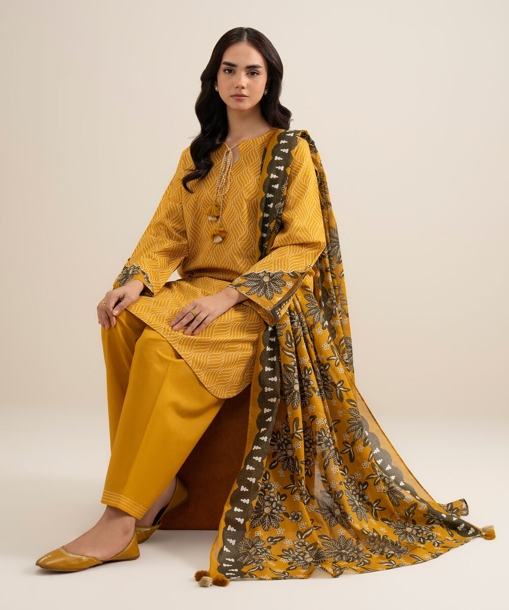 Women's Unstitched Lawn Printed Mustard 3 Piece Suit