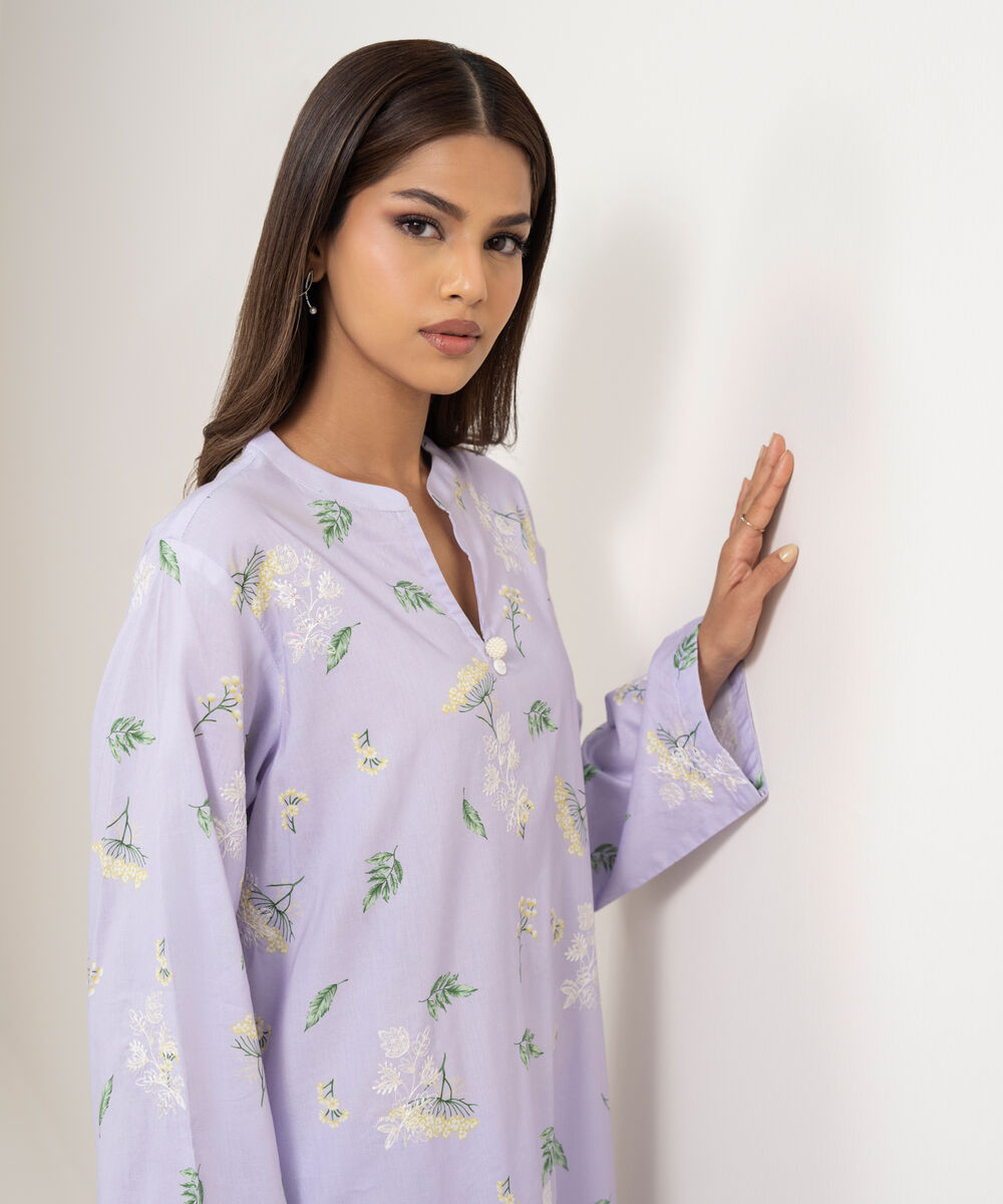 Women's RTW Cotton Viscose Embroidered Purple Straight Shirt