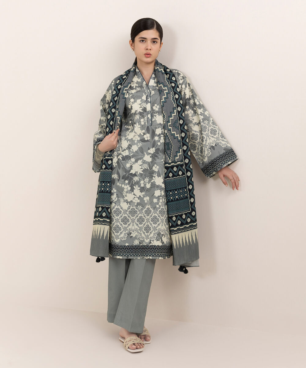 Women's Unstitched Cotton Printed Multi Three Piece Suit