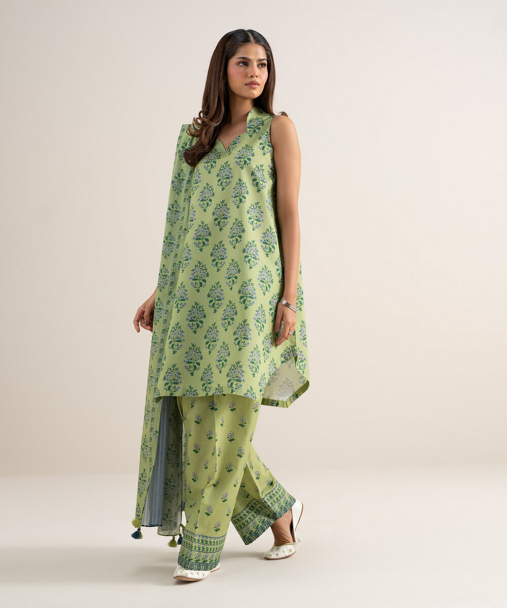 Women's Unstitched Lawn Printed Green 3 Piece Suit