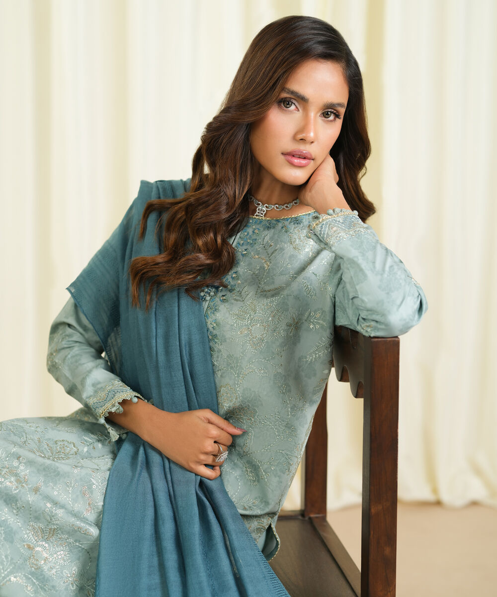 Women's Unstitched Cotton Jacquard Embroidered Blue 3 Piece Suit
