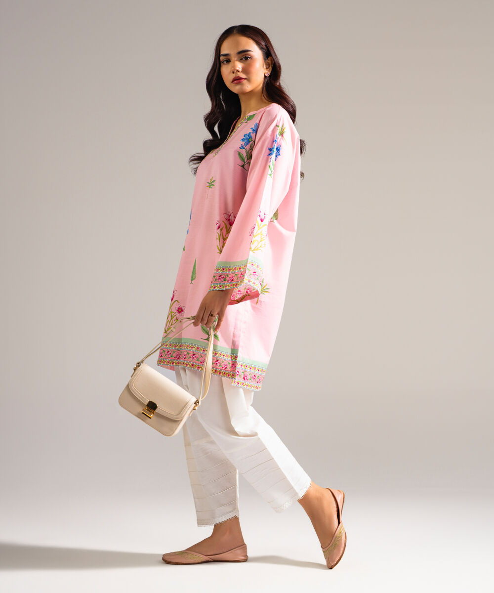 Women's RTW Slub Lawn Printed Pink Drop Shoulder Shirt