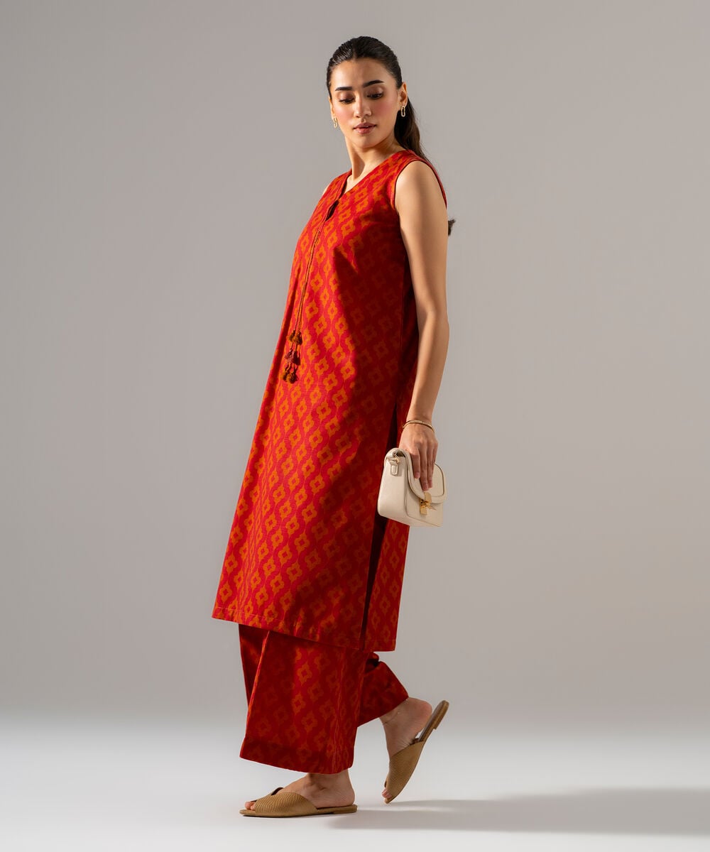 Women's RTW Khaddar Printed Orange 2 Piece Suit