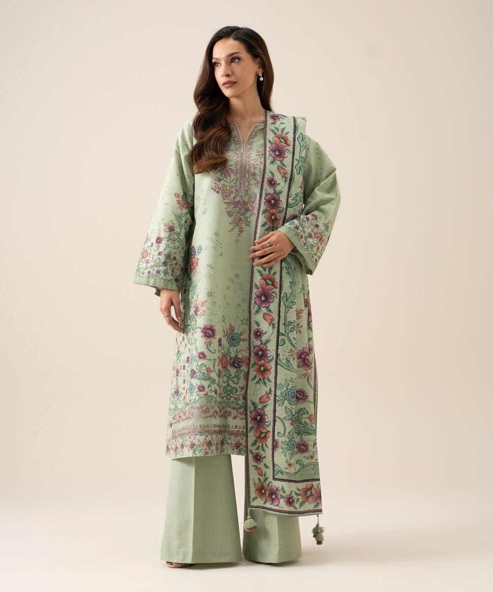 Women's Unstitched Light Khaddar Embroidered Mint Green 3 Piece Suit