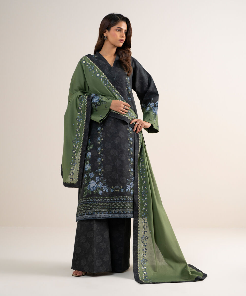 Women's Unstitched Cotton Embroidered Grey