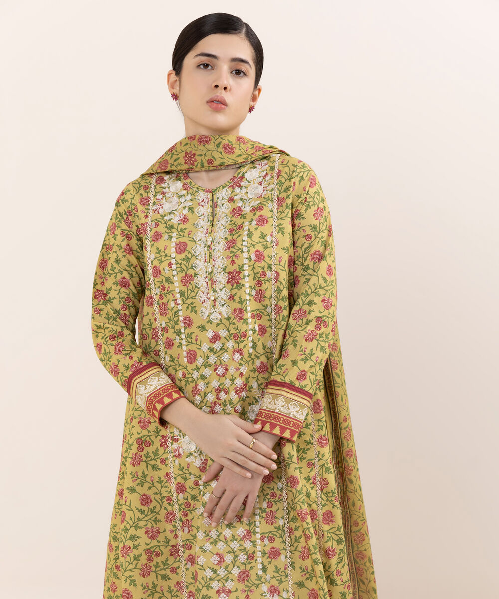 Women's Unstitched Cotton Embroidered Multi Two Piece Suit