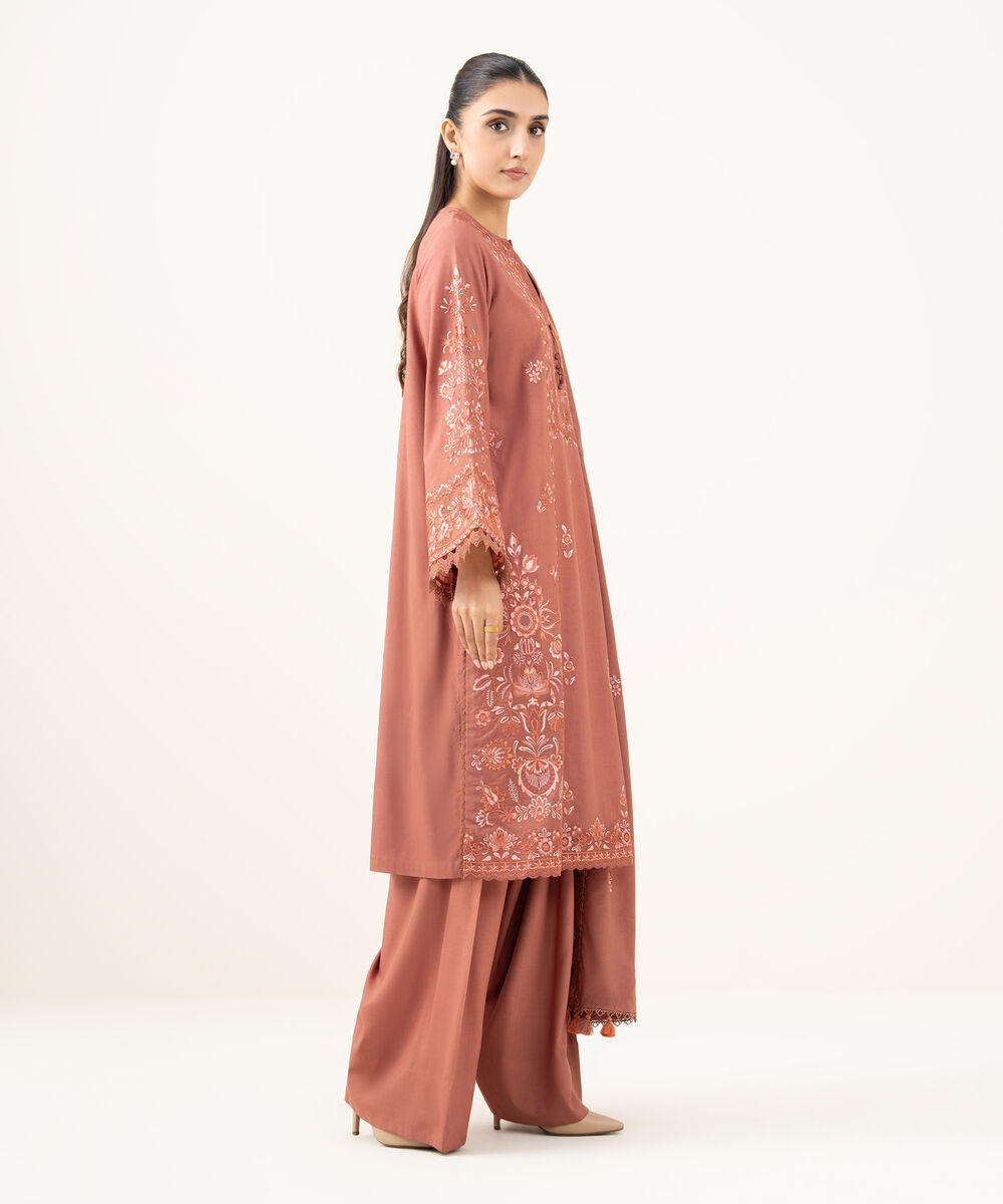 Women's Unstitched Embroidered Linen Dusty Rust 3 Piece Suit