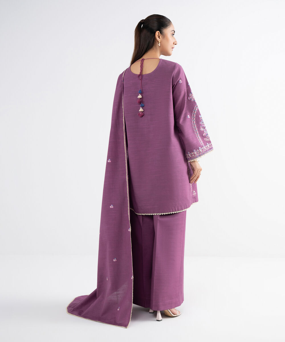Women's Unstitched Cotton Embroidered Purple 3 Piece Suit