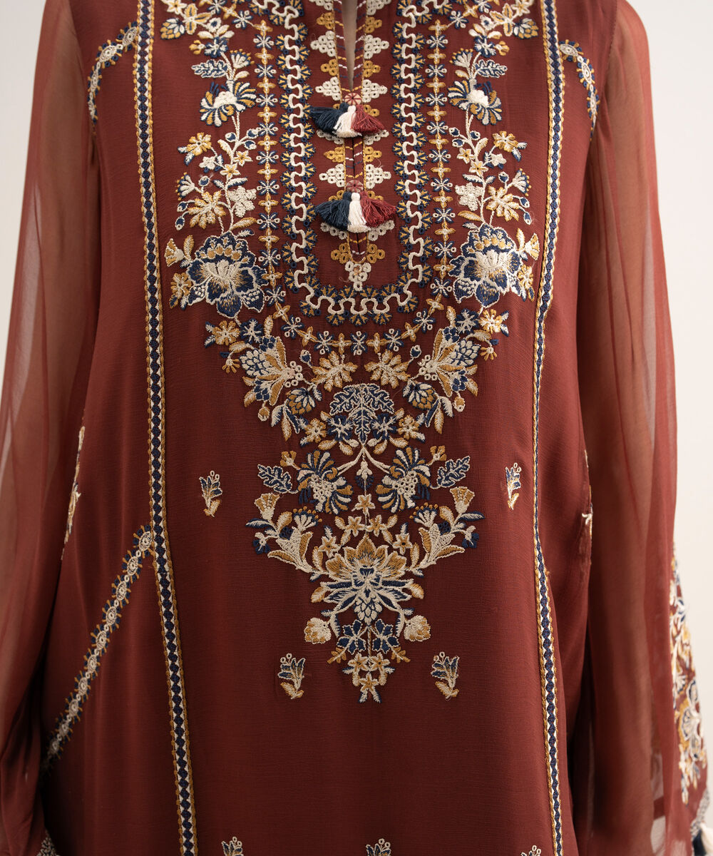 Women's Unstitched Blended Chiffon Embroidered Red 3 Piece Suit