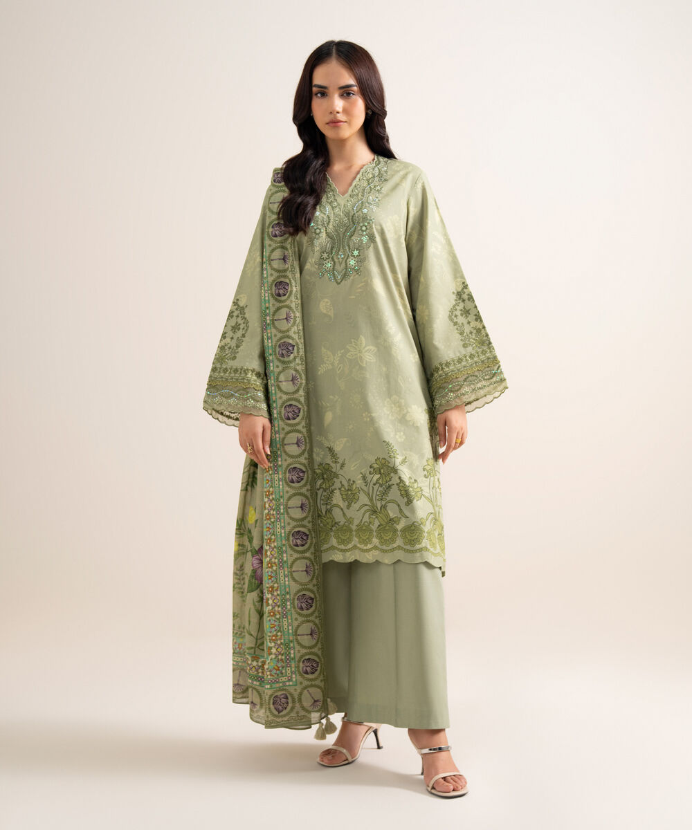 Women's Unstitched Embroidered Cotton Moss Green 3 Piece Suit