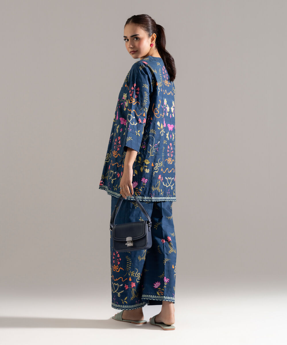 Women's RTW Seersucker Printed Blue Straight Shirt