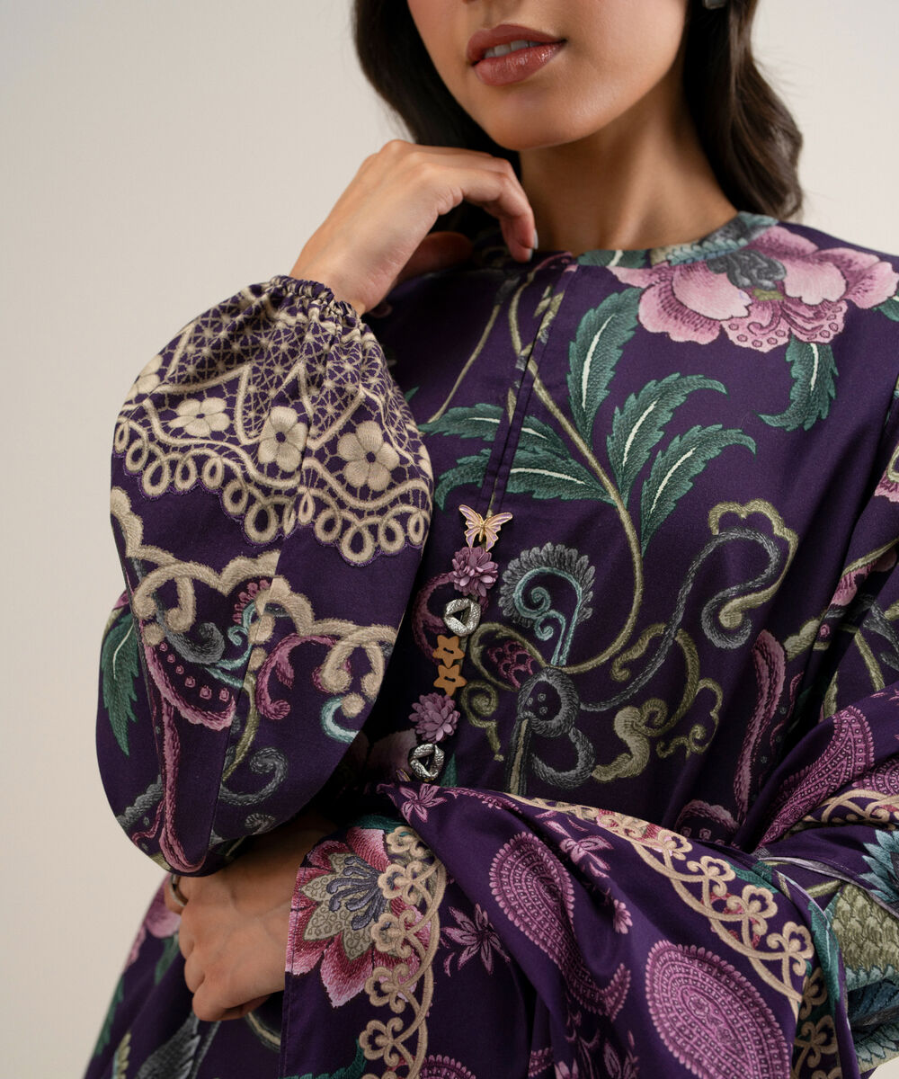 Women's Unstitched Printed Cotton Viscose Purple 3 Piece Suit