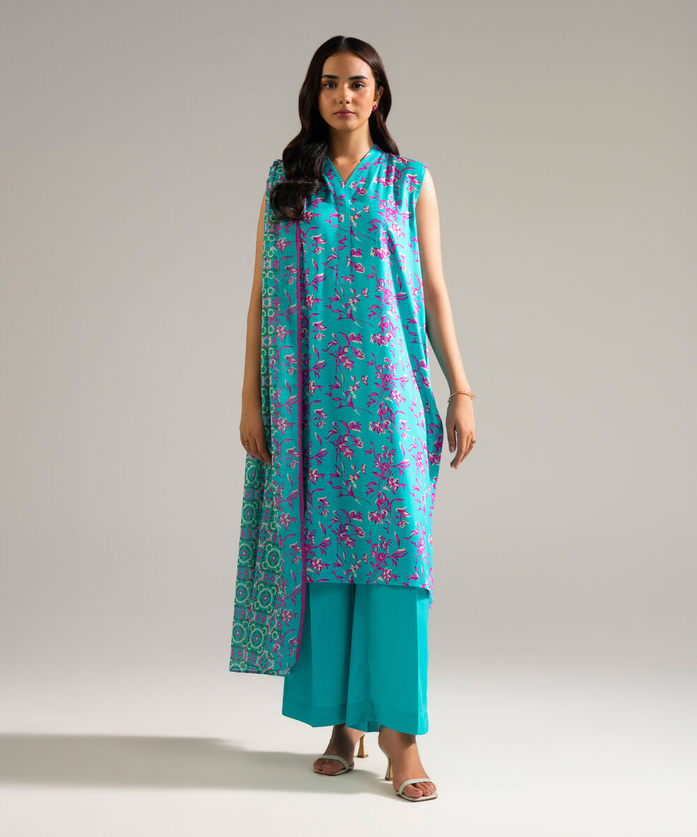 Women's RTW Arabic Lawn Printed Blue 3 Piece Suit