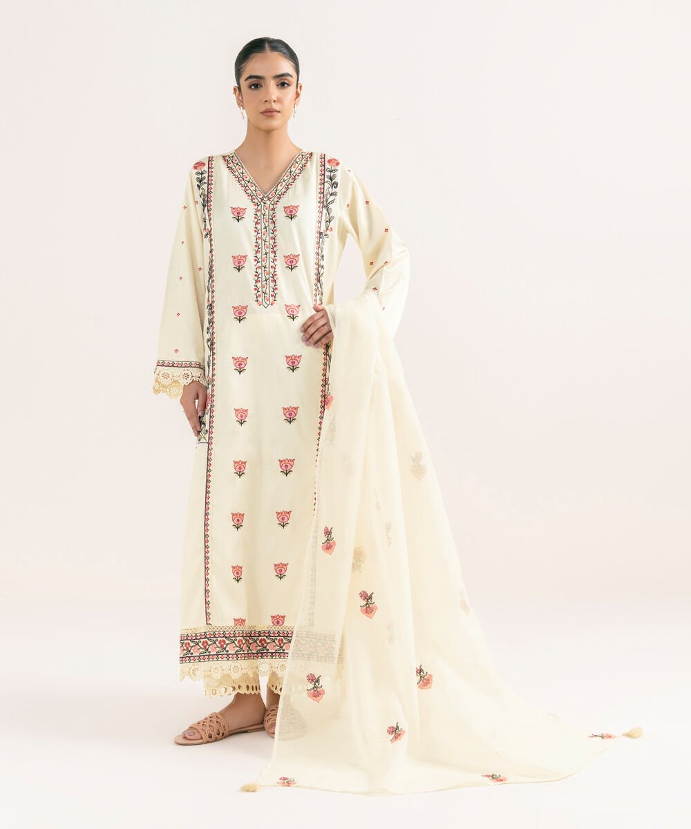 Blended Textured Karandi Off White Embroidered Dupatta