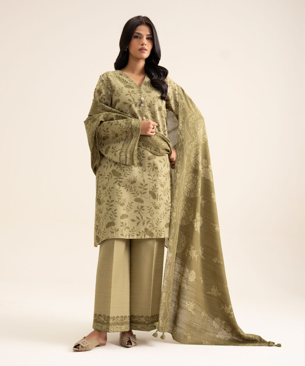 Women's Unstitched Light Khaddar Printed Olive Green 3 Piece Suit